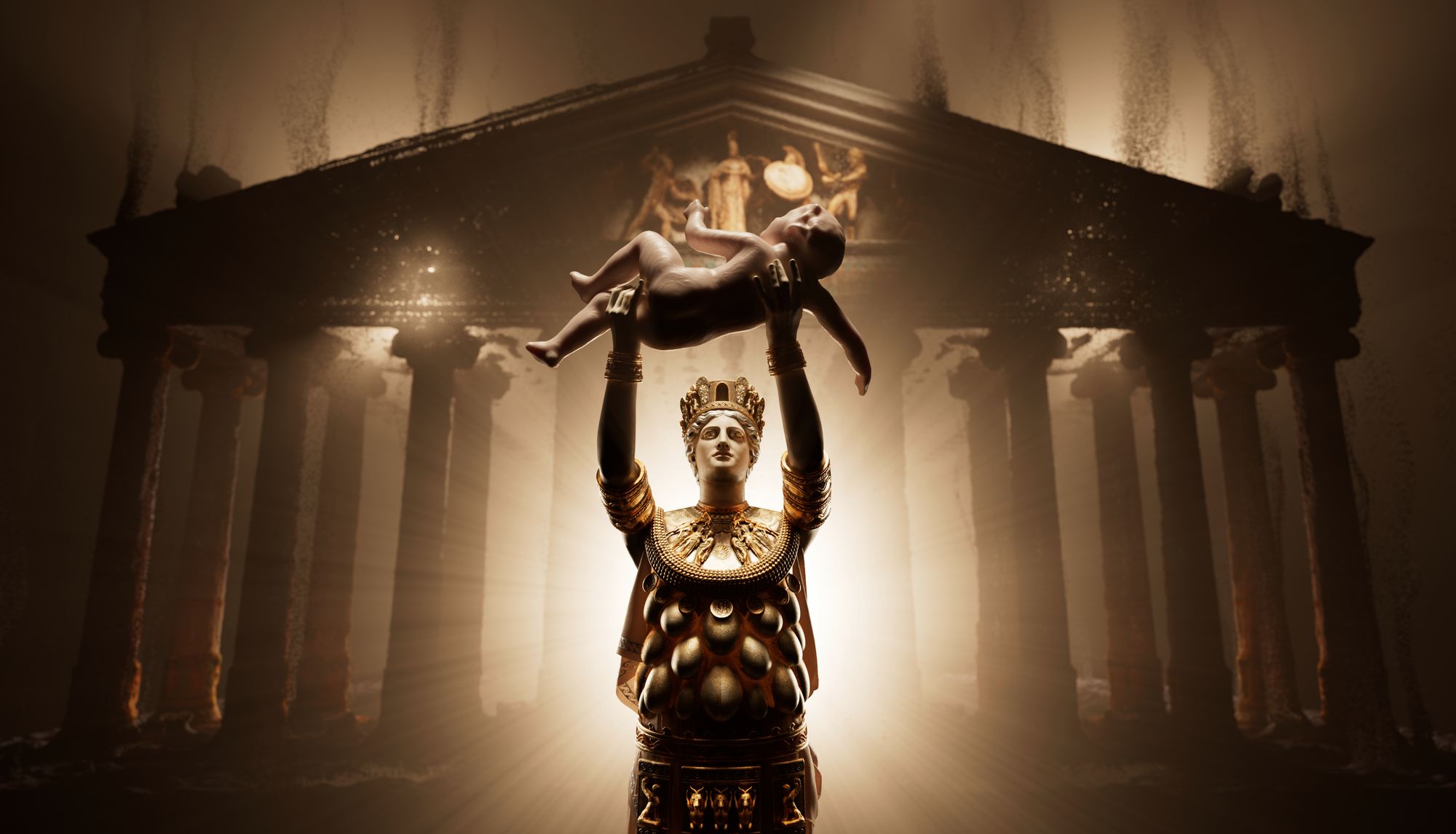 Artemis lifting a newborn child above her head in front of the temple