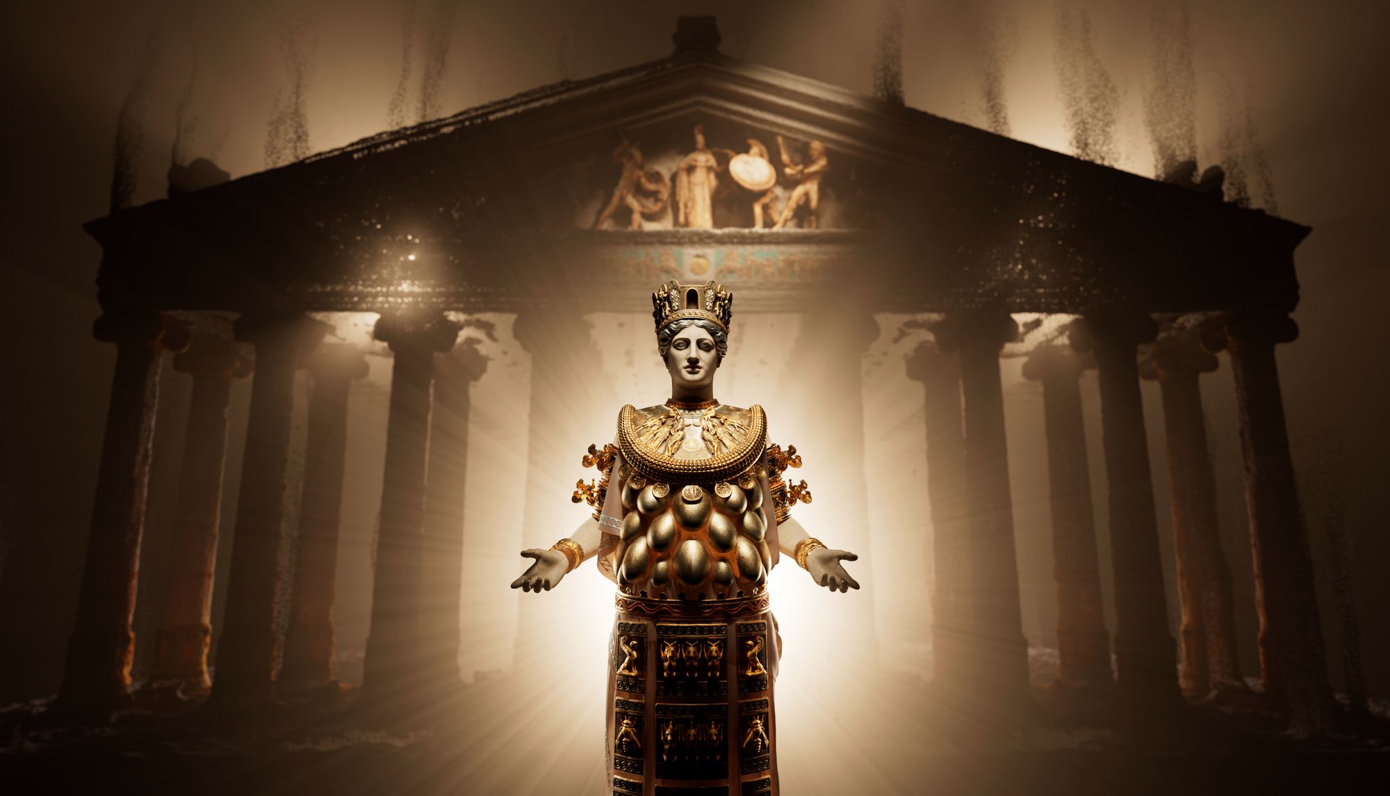 The finished Artemis statue in gold and marble before the glowing Temple of Artemis