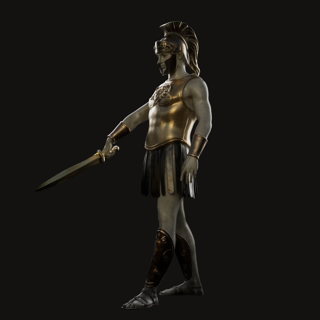 A bronze-armoured Greek hoplite with a short sword