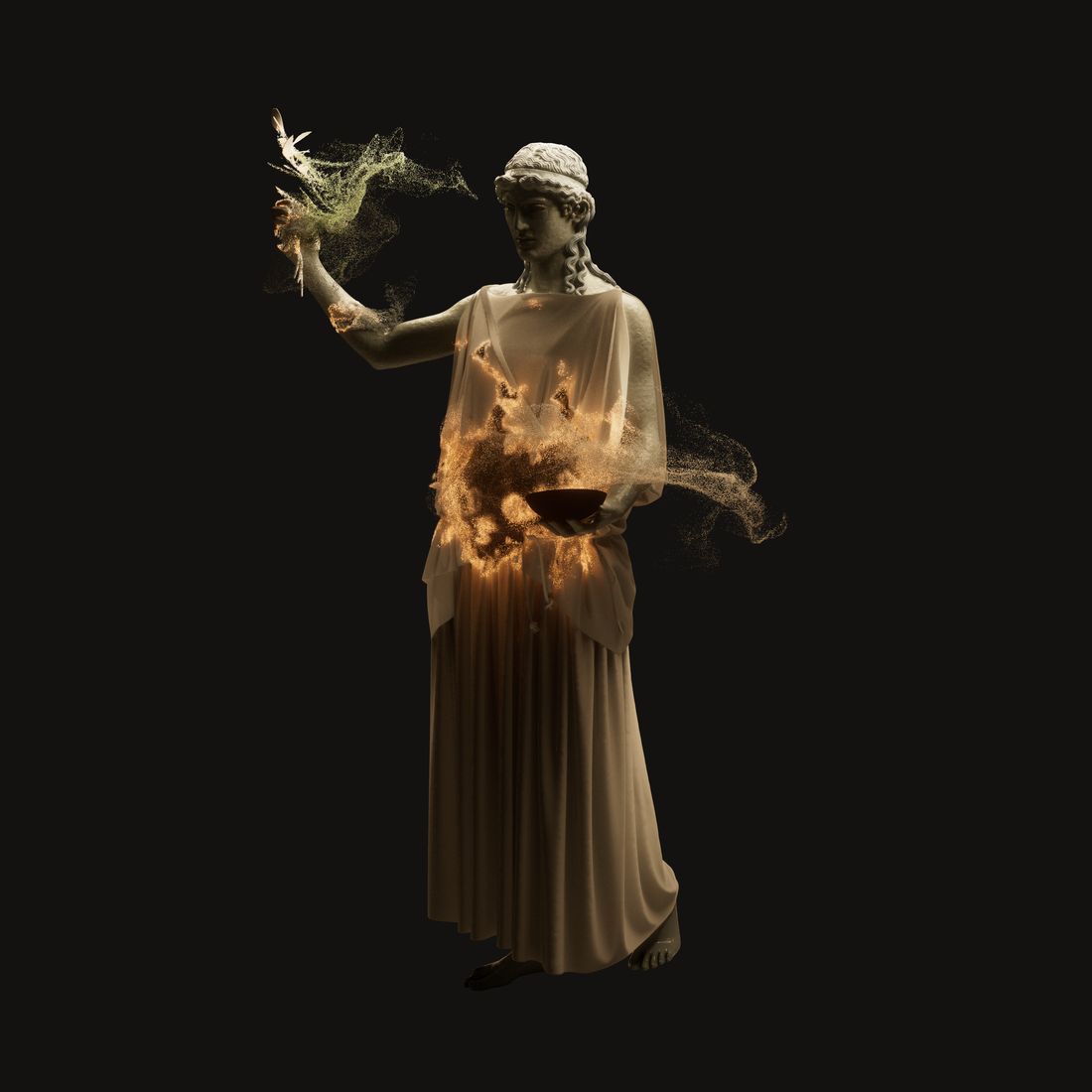 A priestess statue holding a laurel branch, dissolving into golden particles