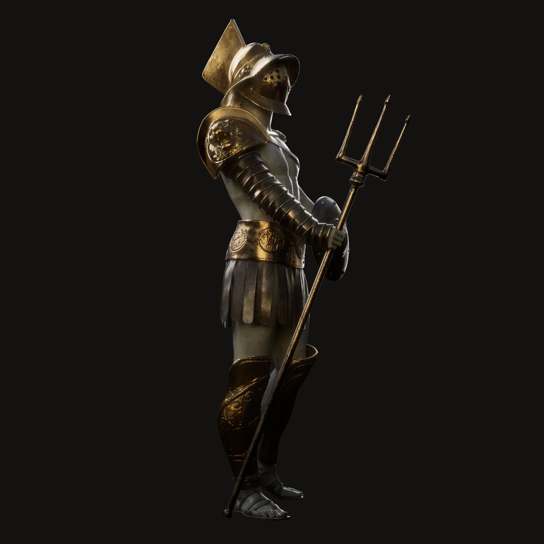 A Roman gladiator with helmet and trident