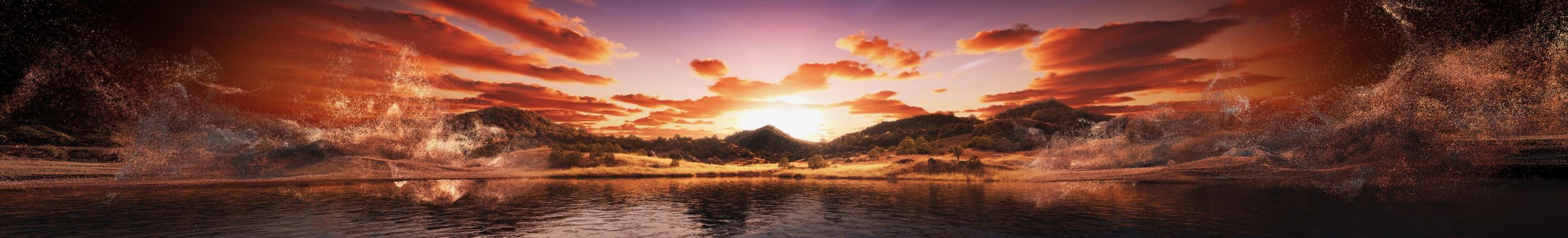 The same panorama with its edges blowing apart into particles
