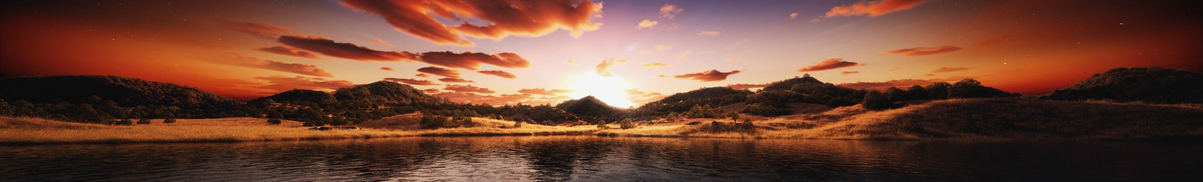 A sunset lake landscape panorama rendered as solid geometry