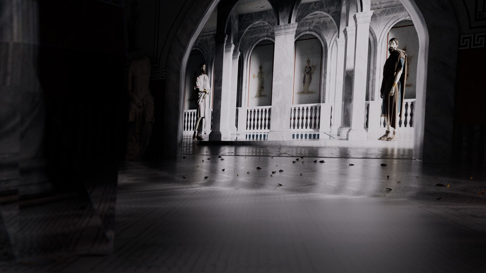 Previsualisation of the 360° hall: a marble arcade with statues in soft grey light