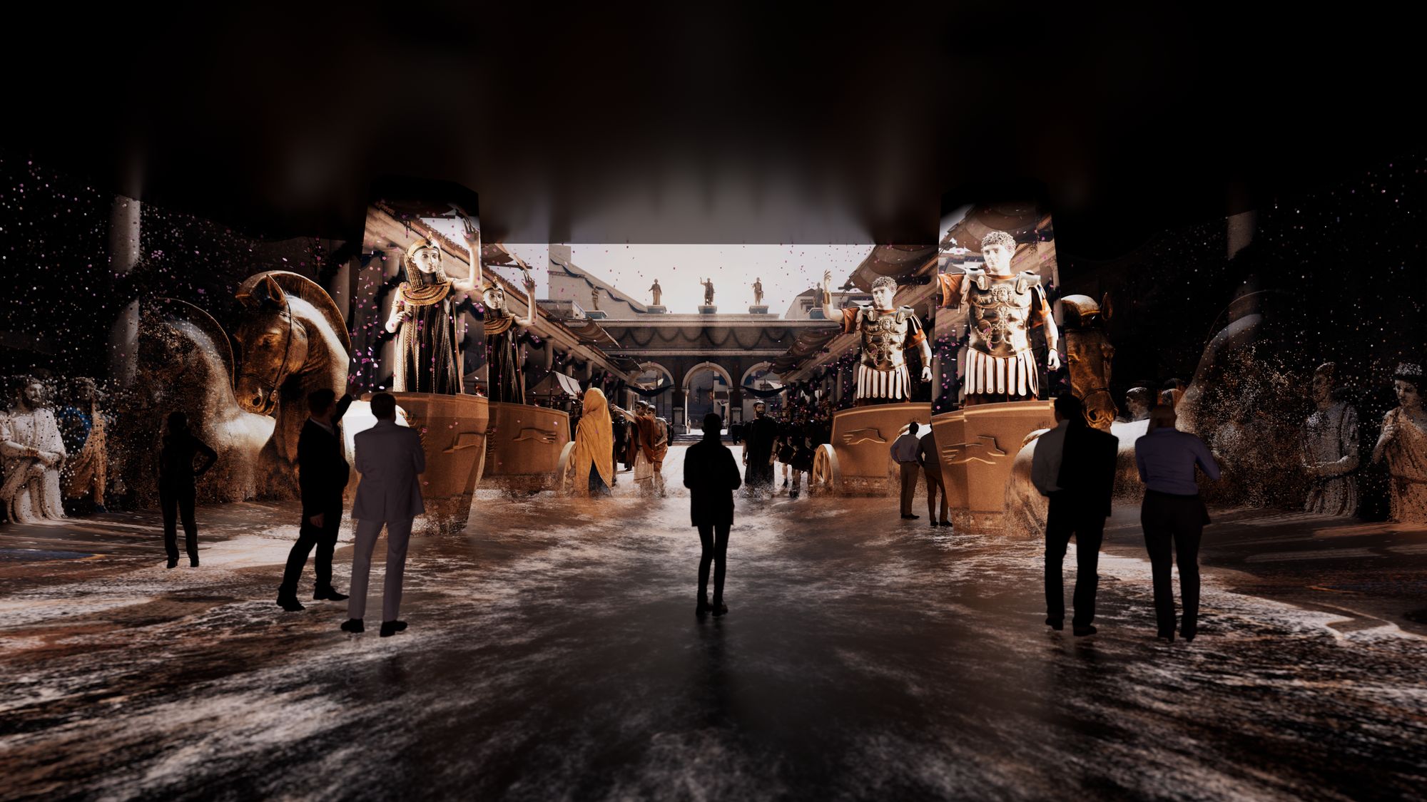 Previsualisation of a 360° hall: visitors among projected statues and a colonnaded courtyard