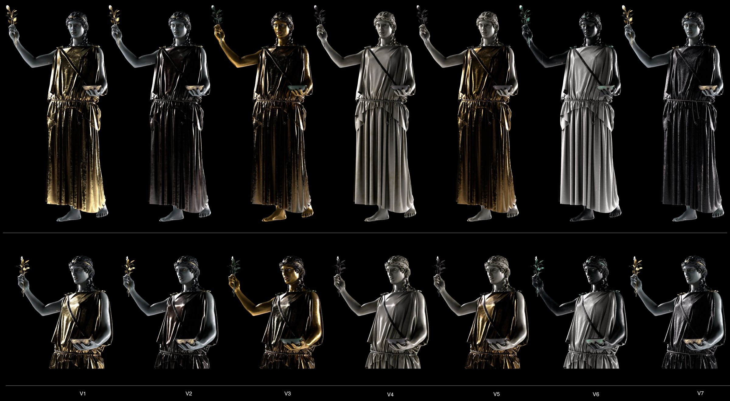 Seven versions of the same priestess statue in gold, bronze, marble and dark stone