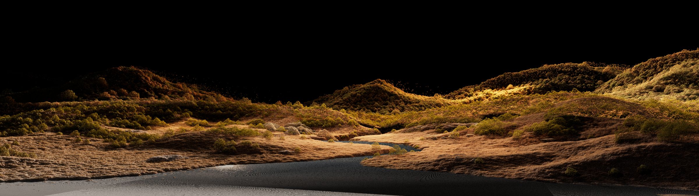 The landscape rebuilt as a point cloud: hills, grass and river made of millions of points