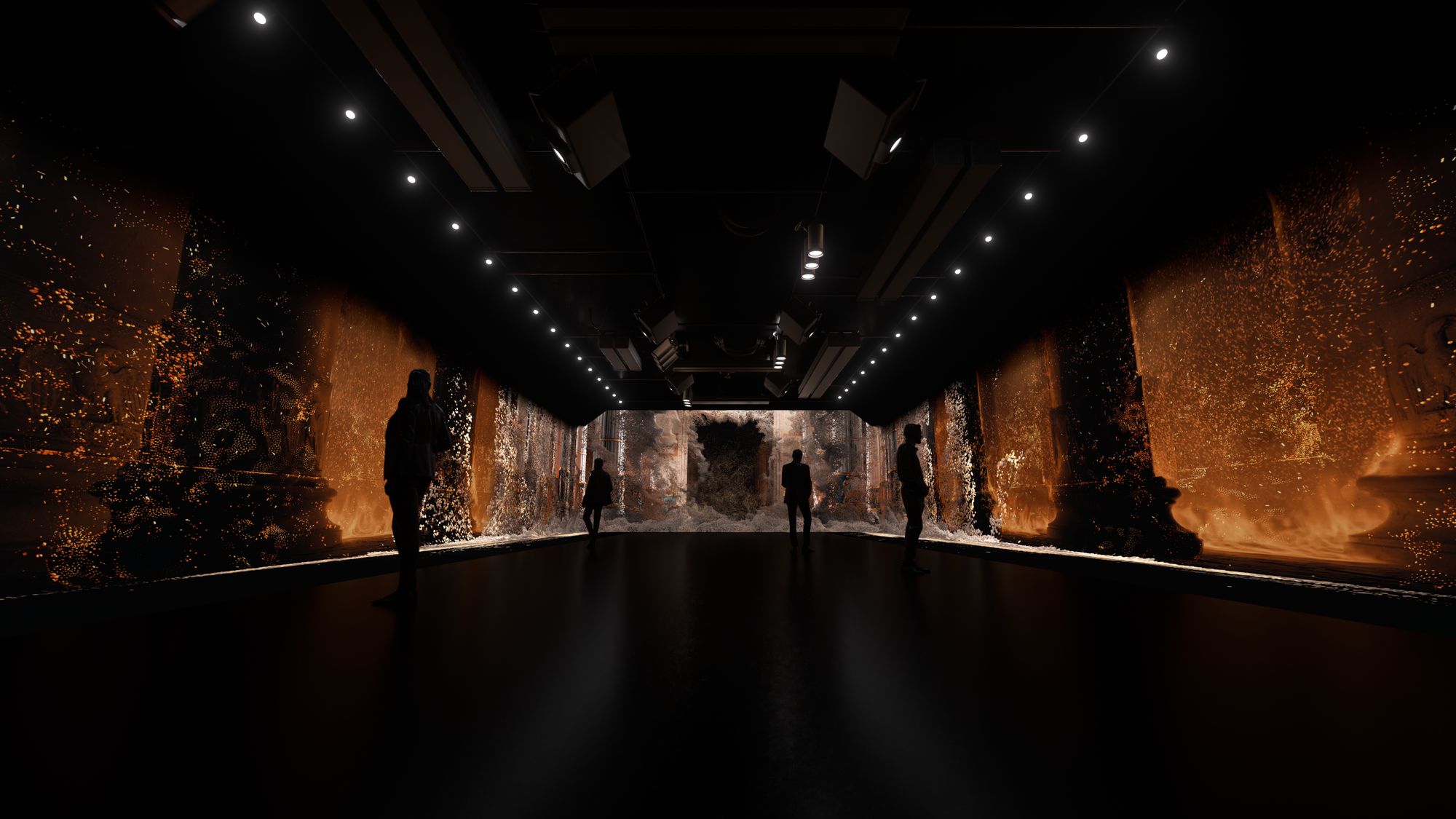 Previsualisation: the room's walls in flames and embers as the temple burns