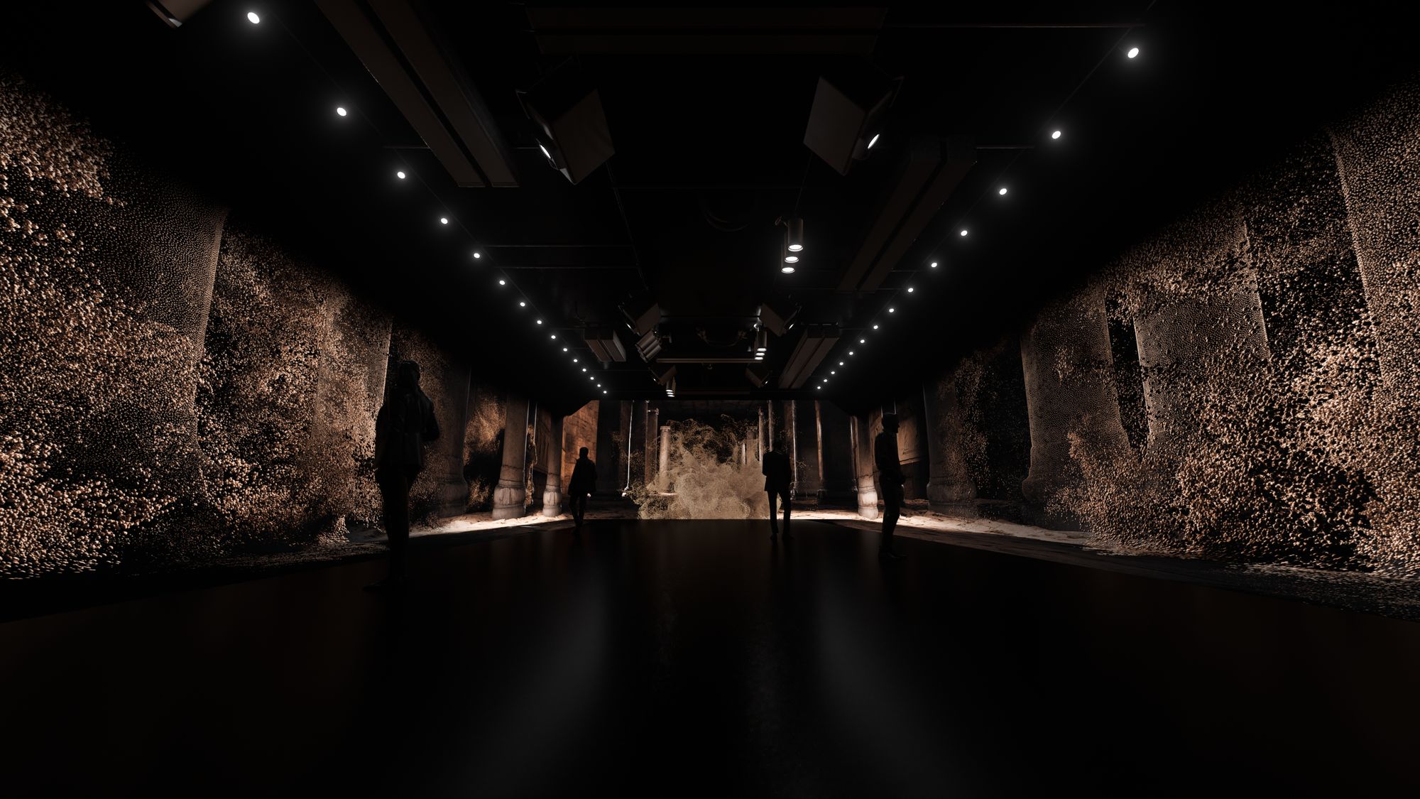 Previsualisation: walls of the room made of drifting sand-coloured particles, a column dissolving at the far end