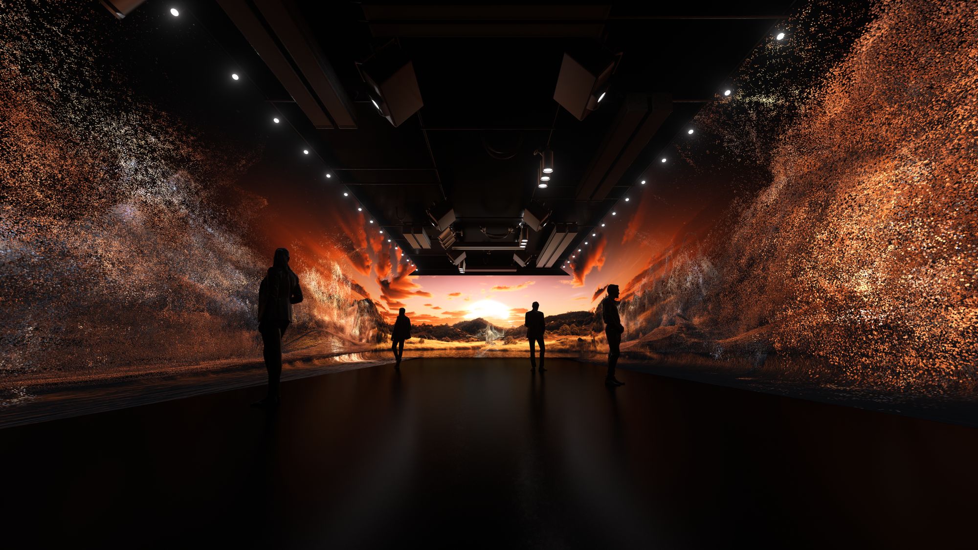 Previsualisation: visitors in a long room whose walls dissolve from particles into a sunset landscape