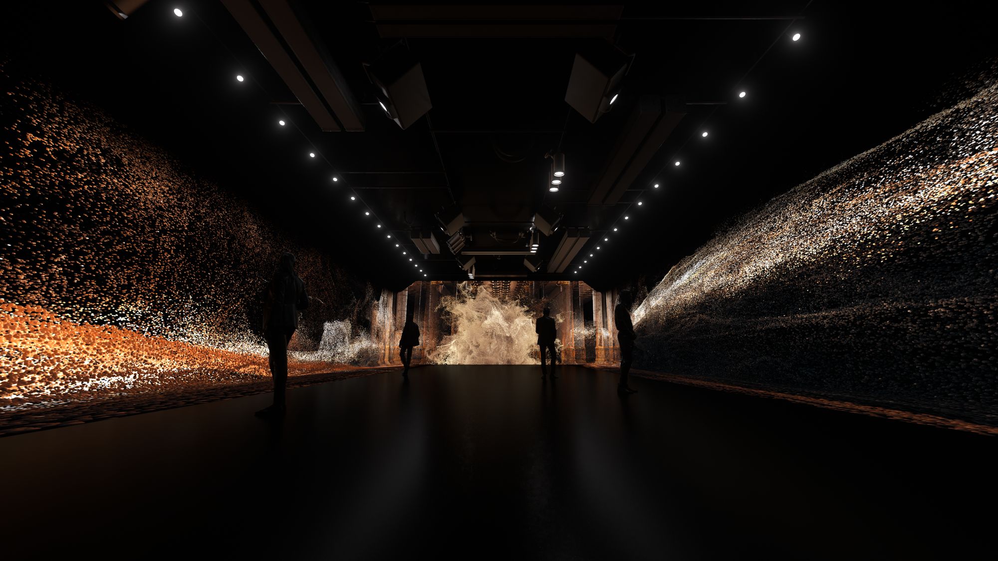 Previsualisation: a wave of orange particles sweeping along the walls