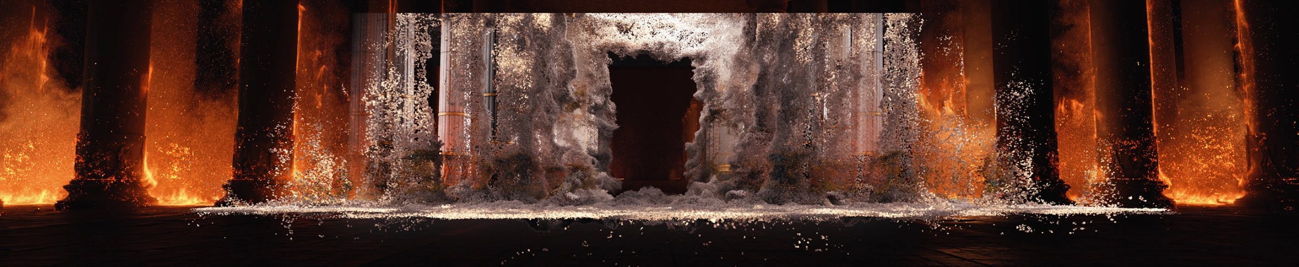 The temple's centre collapsing into a cascade of particles between burning columns