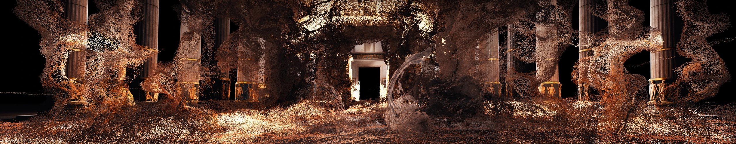 The temple façade dissolving into swirling golden particles around its doorway