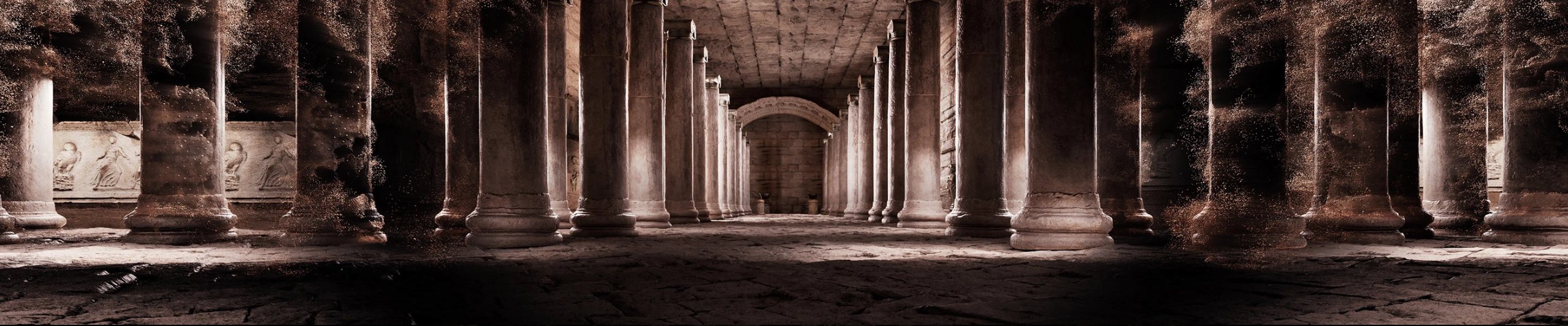 The temple's colonnade standing empty, its outer columns crumbling into dust