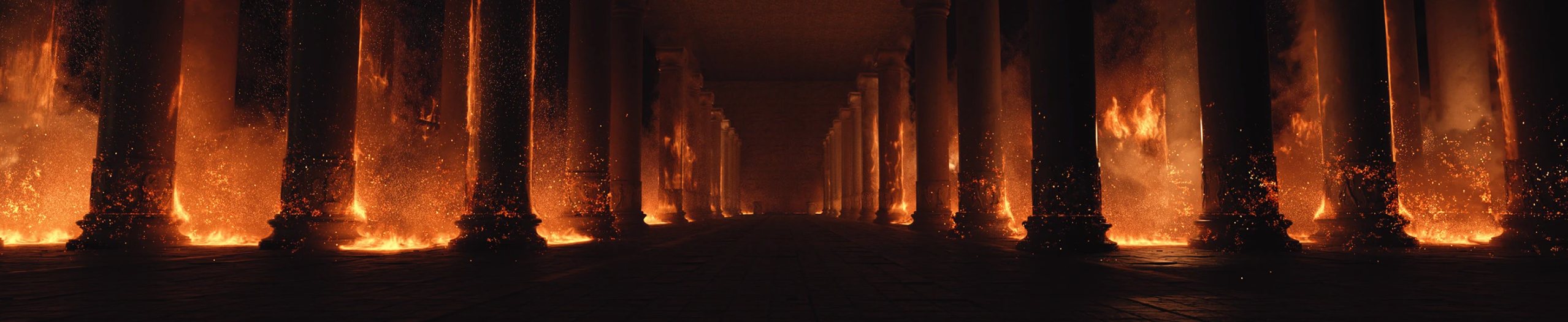 The colonnade of the Temple of Artemis engulfed in flames and embers