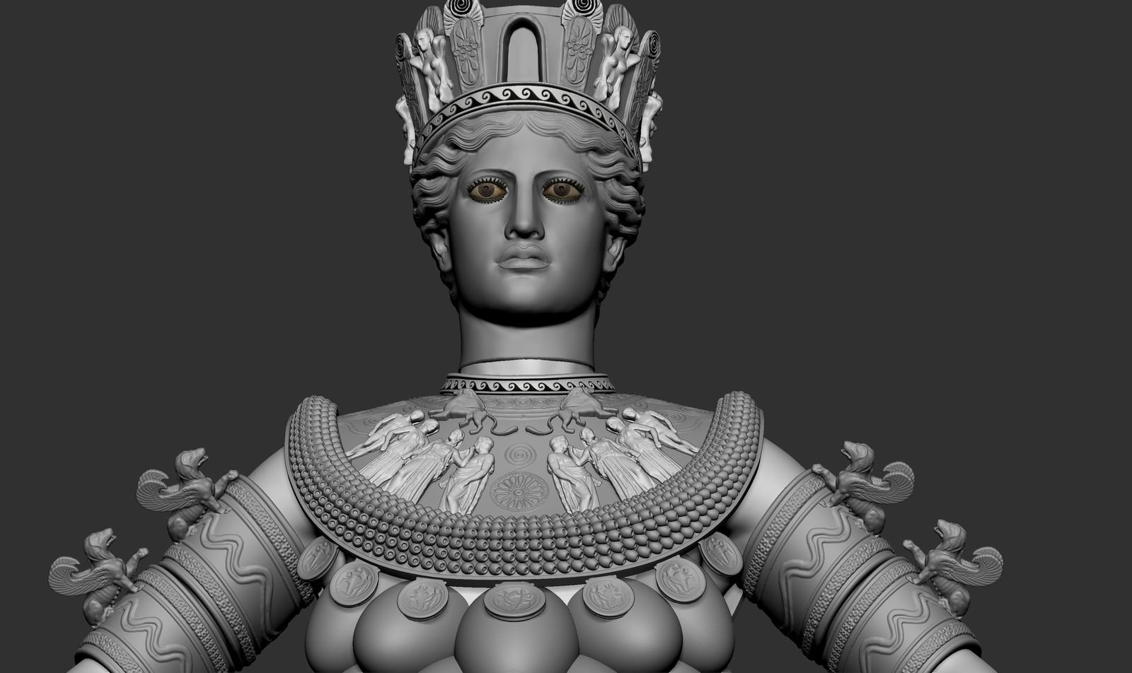 Grey sculpt of the Artemis statue showing her arms and the rows of ovoid forms on her chest