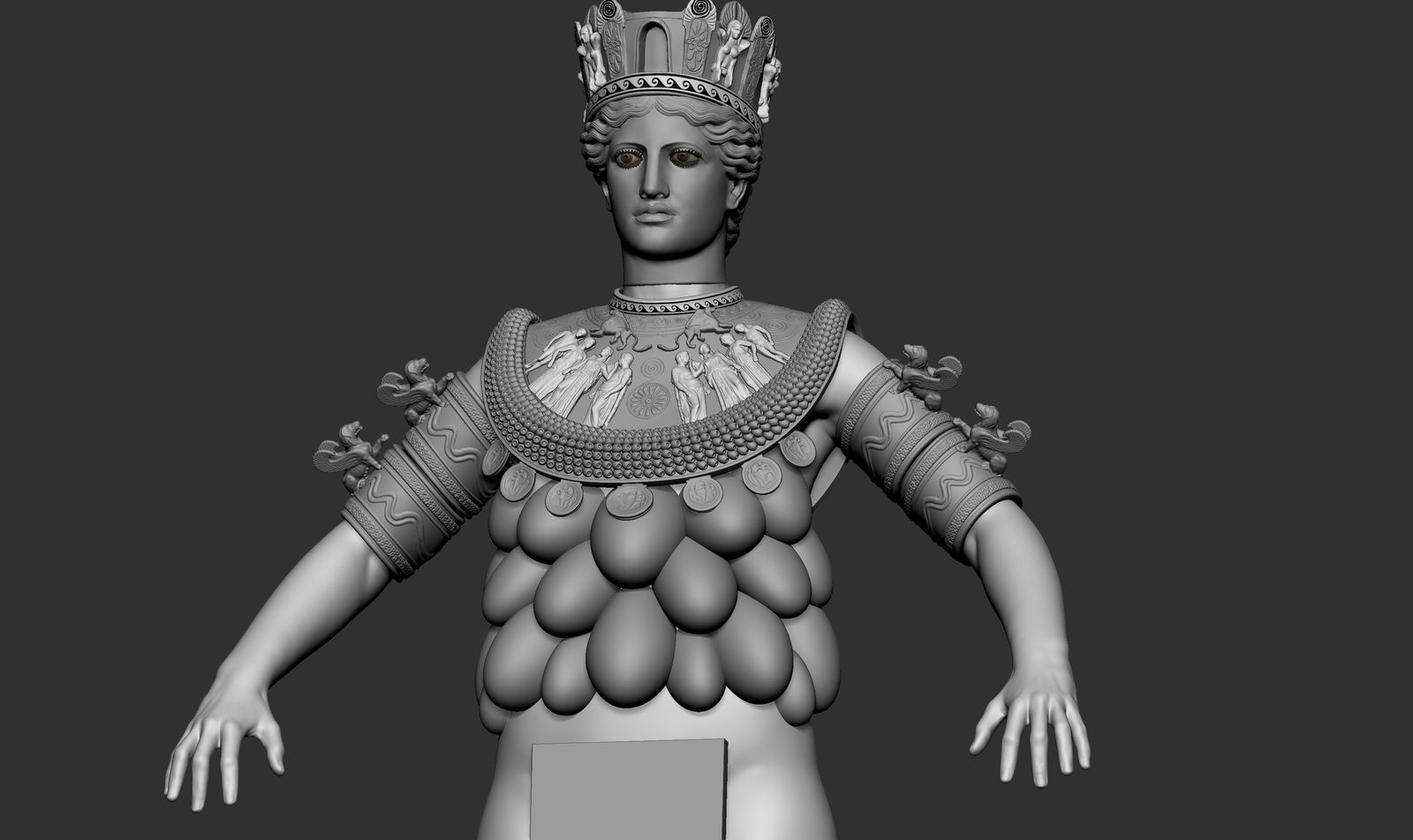 Grey sculpt of the Artemis of Ephesus: crown, face and relief-covered collar
