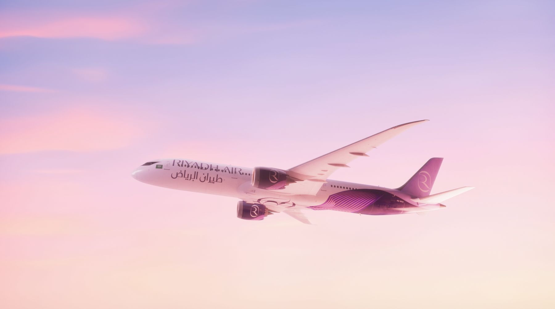 A Riyadh Air aircraft render against a pastel sky