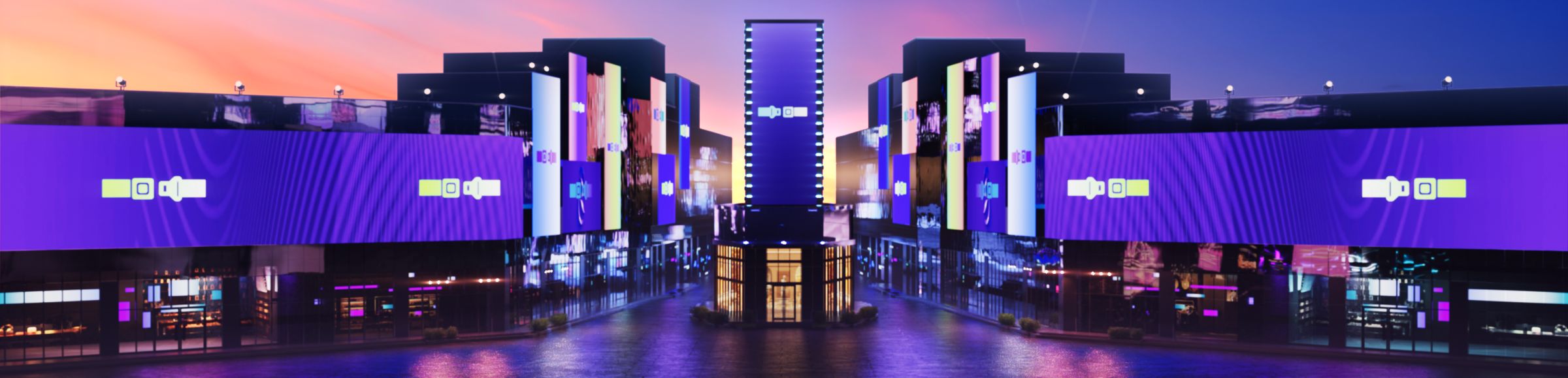 A fully modelled 3D boulevard at dusk, lined with LED façades showing seatbelt icons