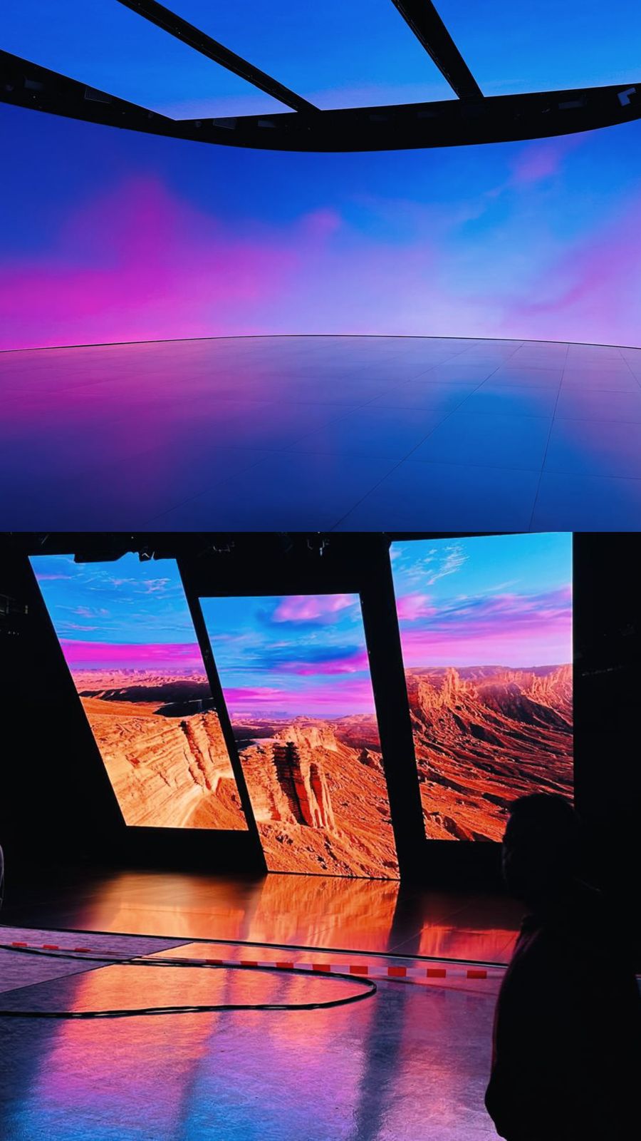 A violet sky and the canyon scene on the stage