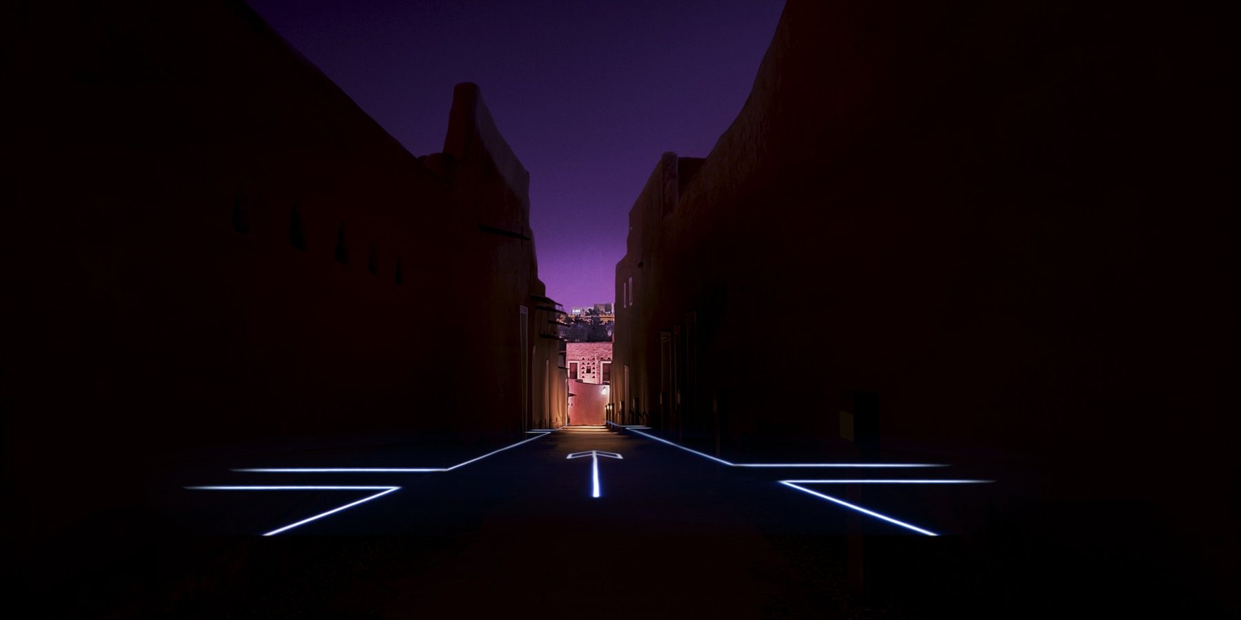 The same alley darkened, with glowing exit guidance lines on the ground