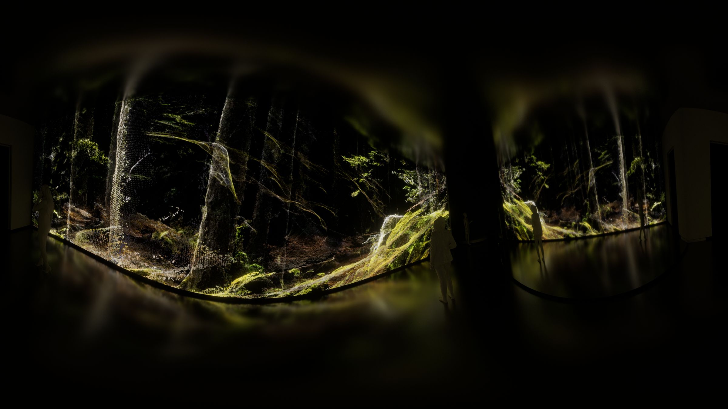 360° previz of the corridor with the green particle forest