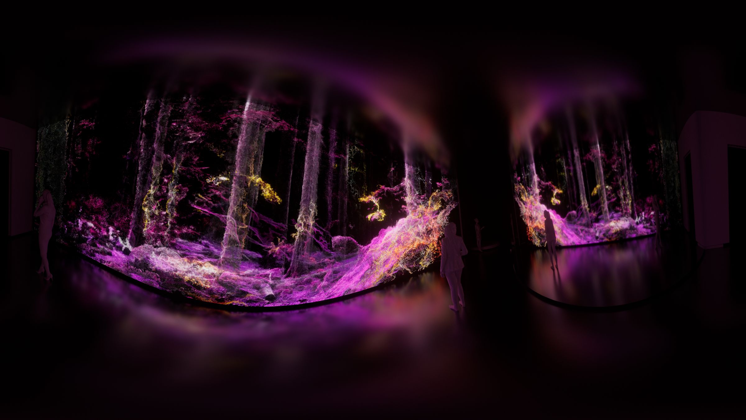 A 360° previz of the corridor: the magenta particle forest on the curved LED walls, visitors silhouetted in front of it