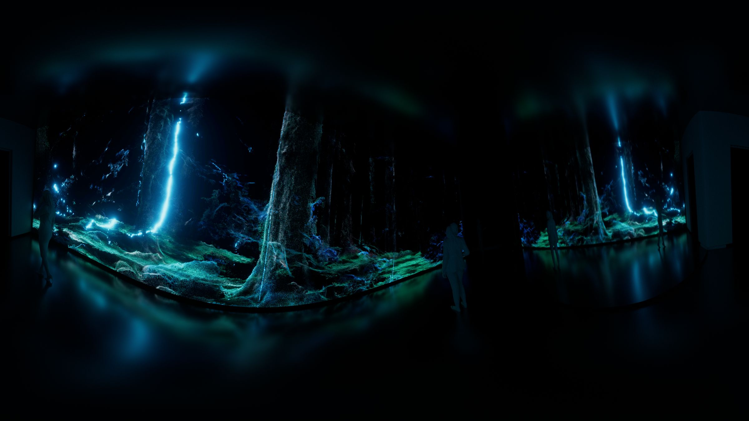 360° previz of the corridor with blue light running through the forest