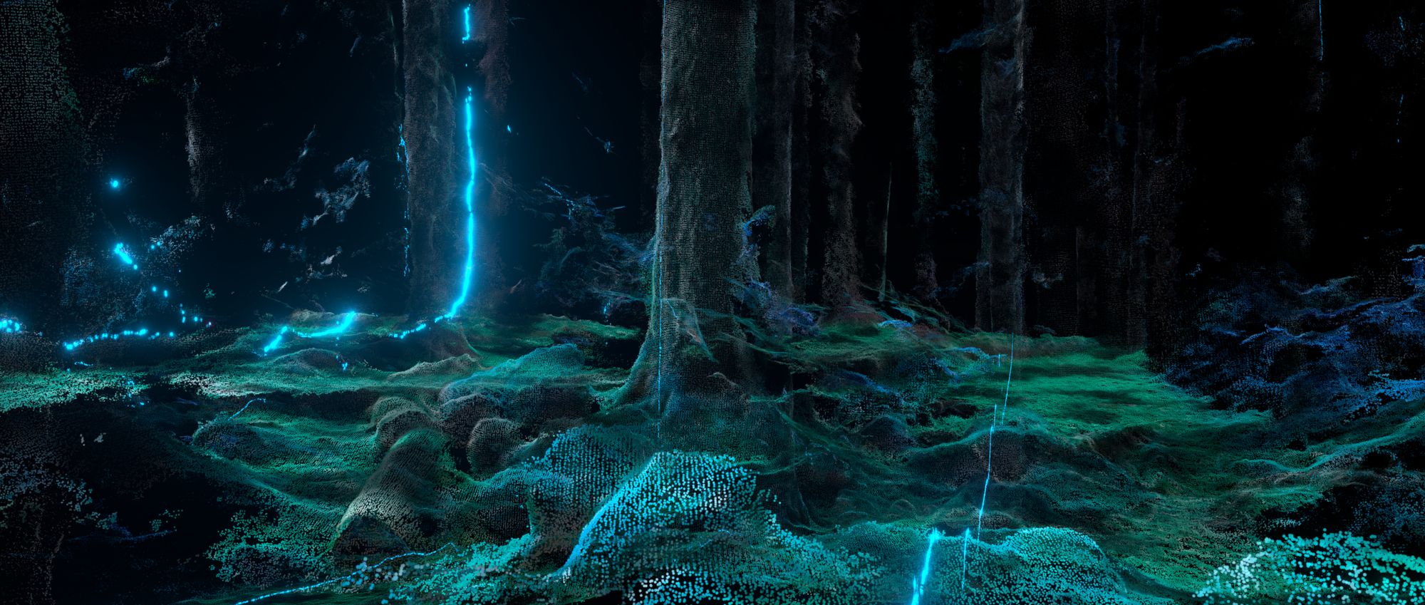 Blue light running down a tree trunk and across the teal forest floor