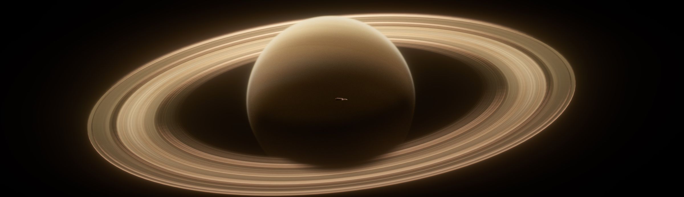 Saturn and its rings, the rocket crossing in front of the planet
