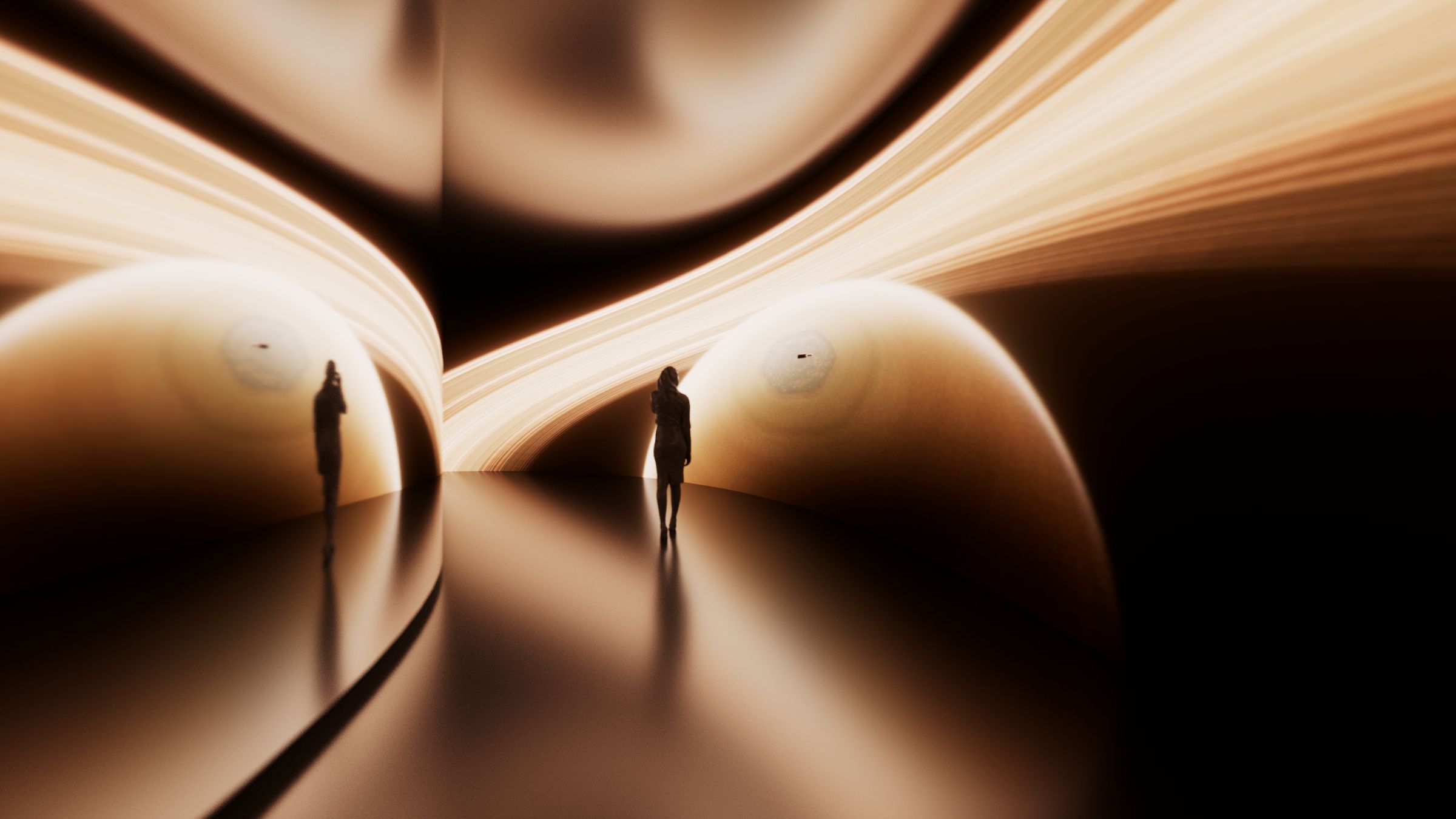 Previz: Saturn and its rings curving along both corridor walls, two visitors in silhouette