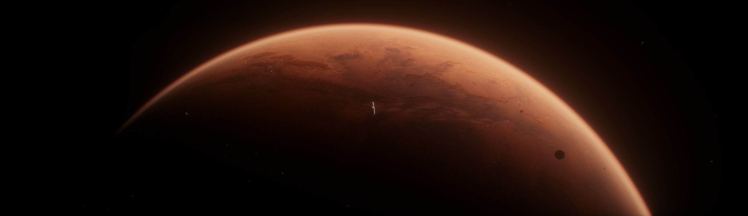 The rocket in front of the curve of Mars, with a small moon nearby