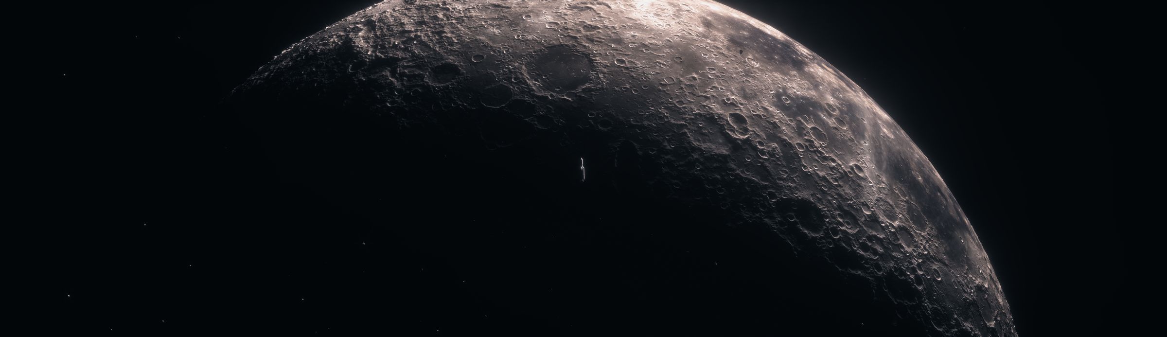 The rocket, a tiny silhouette, passing the cratered edge of the Moon